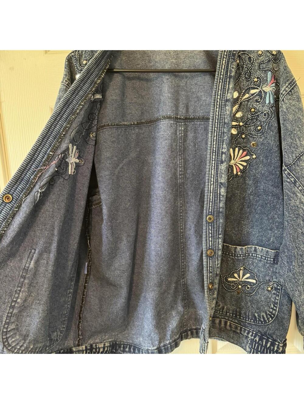 Vintage 90s Embellished Acid Wash Denim Jacket Oversized Cardigan Rhinesto Boho - Picture 7 of 9